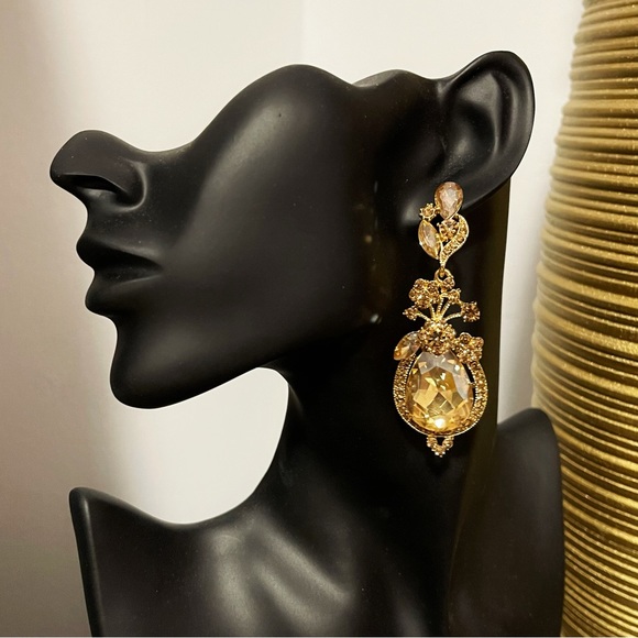 ✨ Gorgeous Amber Rhinestones Chandelier Drop Earrings - Picture 2 of 4